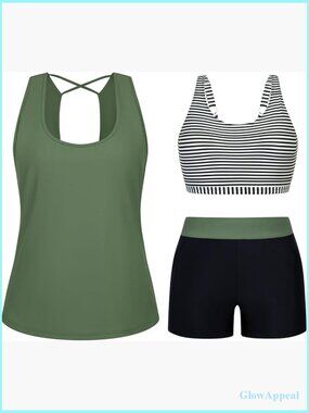 3 Piece Tankini Set with Shorts Plus Size Swimwear Modest Bathing Suit